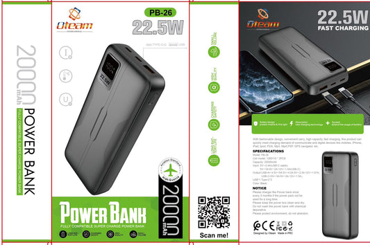 20000mAh Power Bank Pd-26 – 22.5W Fast Charging, Dual USB, LED Display